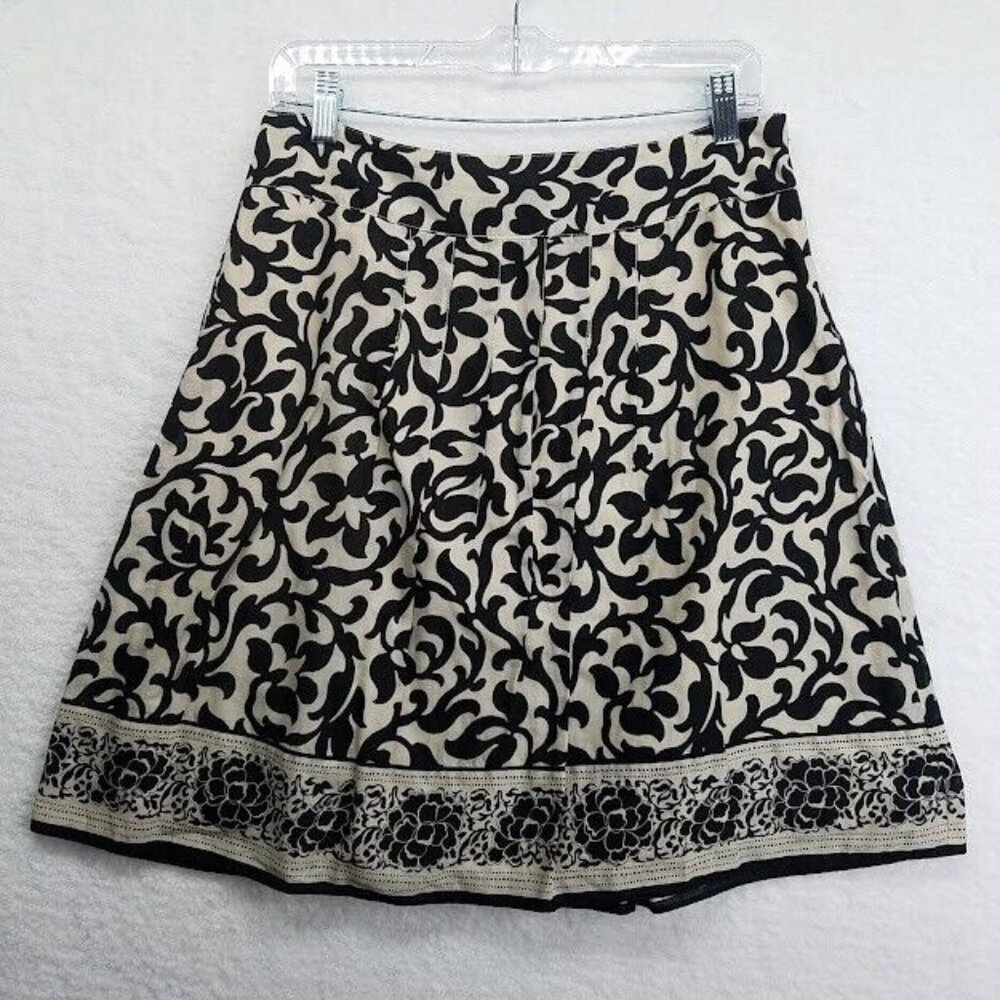 Ann Taylor Petites Womens‎ Pleated Skirt Size 6P Floral Black Off White Lined